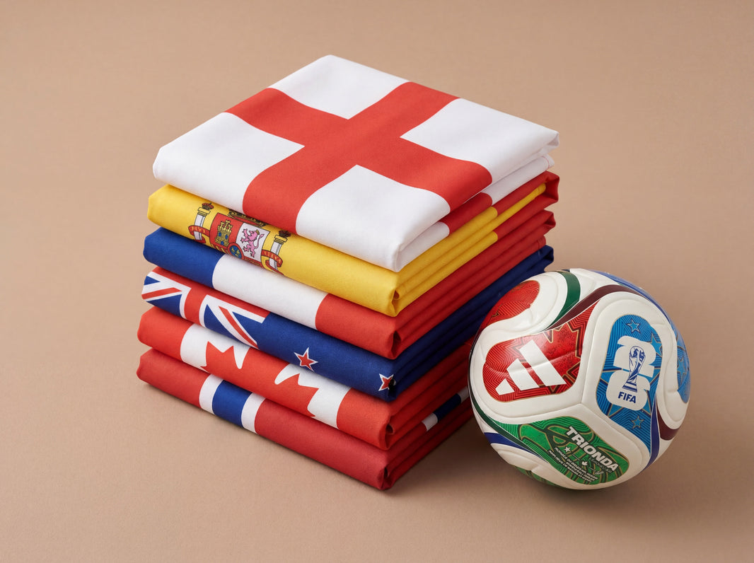 6 country flags with a football next to it